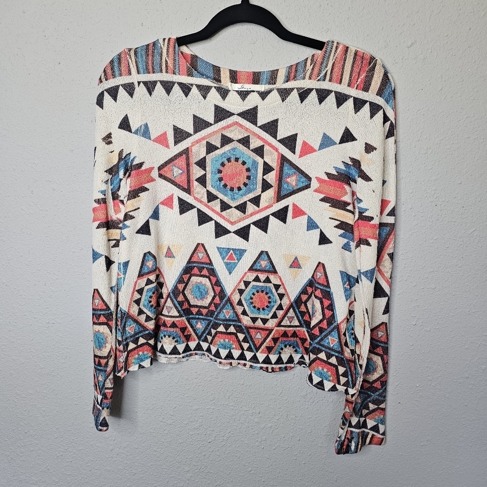 Gaze Sweater Womens‎ Medium Aztec Tribal Stretchy Thin Ivory Orange Blue Fall